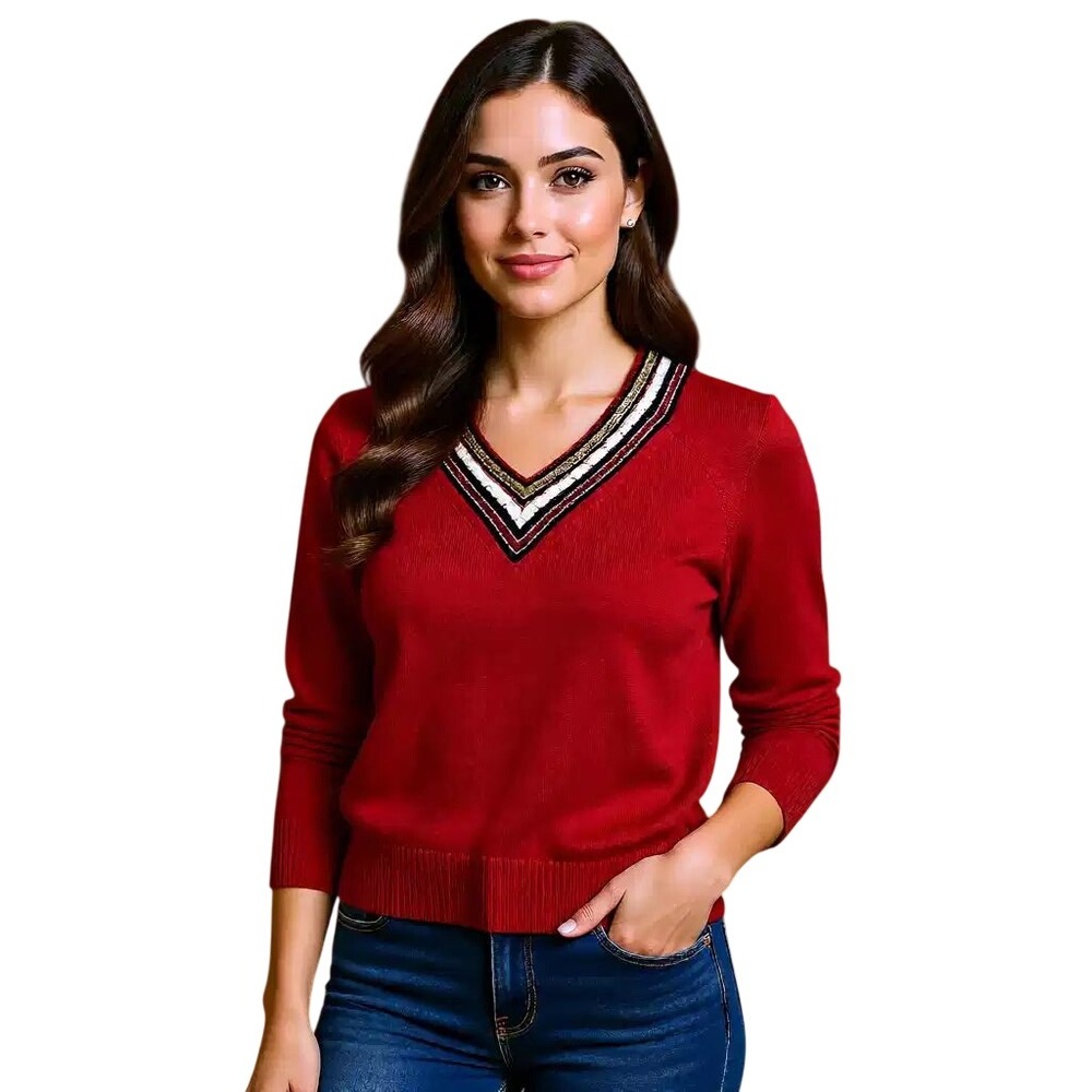 Tommy Hilfiger Womens Red V-Neck Sweater Crochet Trim Cotton Blend XL NEW